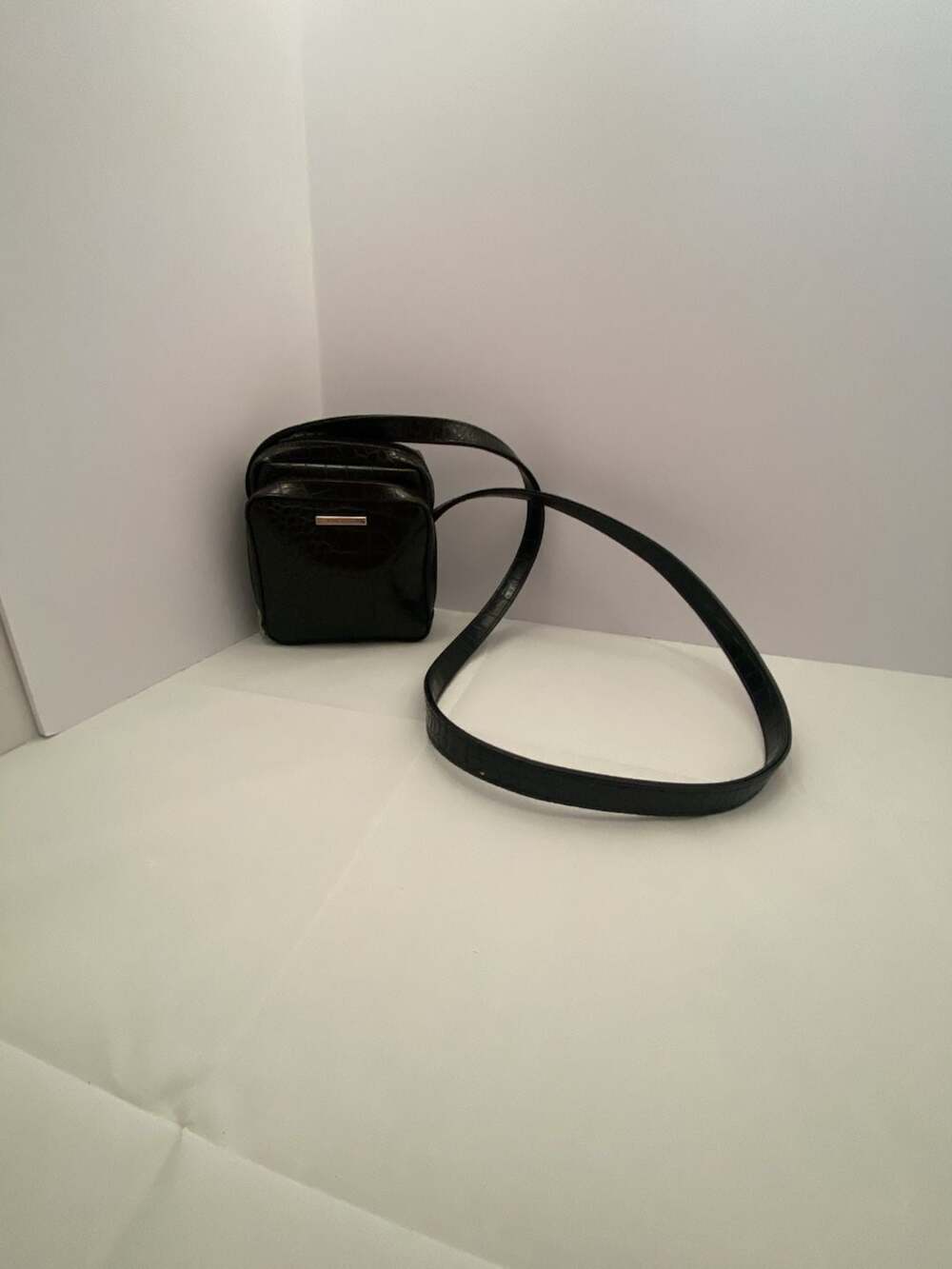 Nine West Black Faux Croc Embossed Camera Crossbody Bag